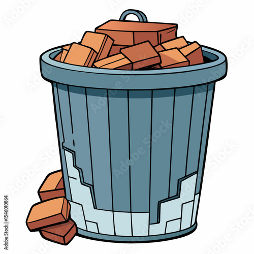 Detailed illustration of a damaged debris bin with handles ideal for waste management or recycling concepts