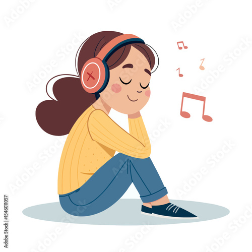 Serene Harmony: A girl immersed in musical bliss, eyes closed, sits cross-legged, headphones on, surrounded by floating musical notes, symbolizing the joy of music and escape.