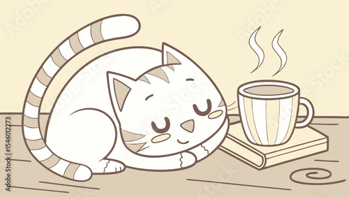 A cartoon cat sleeping next to a steaming cup of coffee on a book with a curled tail visible clearly