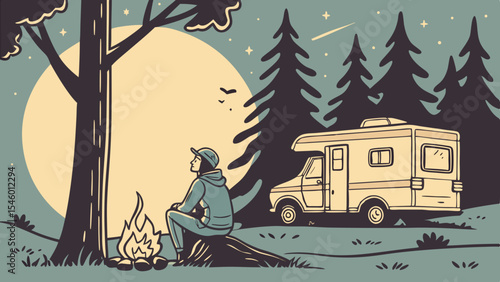 Illustration of a person sitting by a campfire near a tree with rv in a forest under a starry night sky