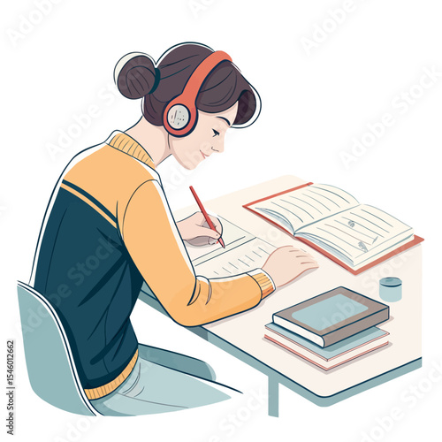 Focused Student Studying: A young woman diligently studies at her desk, wearing headphones, immersed in her work.  