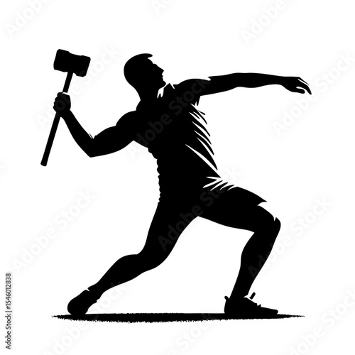 Strong athlete throwing hammer in sports competition. Athletic man demonstrates powerful throw of hammer. This dynamic image of hammer thrower is perfect for sports websites, magazines.