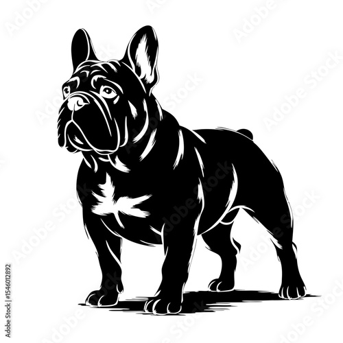 French Bulldog illustration, strong powerful dog breed standing pose. French Bulldog silhouette graphic for pet lover apparel. French Bulldog image perfect for t-shirt prints, posters and stickers.