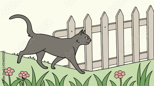 A gray cat walking in a garden with pink flowers and a white picket fence in the background outside home