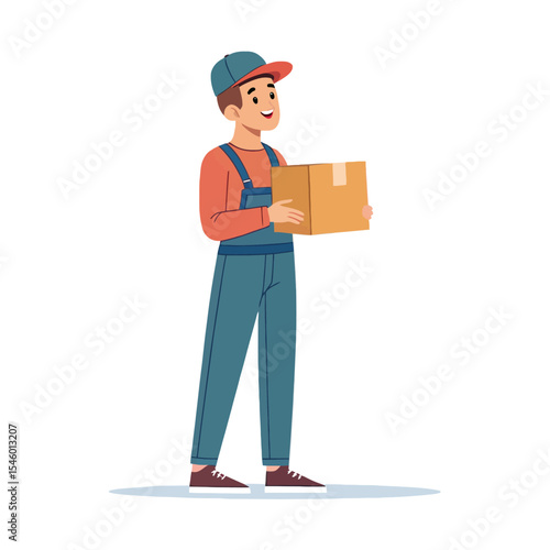 Delivery Man with Package: A friendly delivery man stands with a cardboard box, ready to deliver a package. The image captures themes of service, logistics, and customer satisfaction.