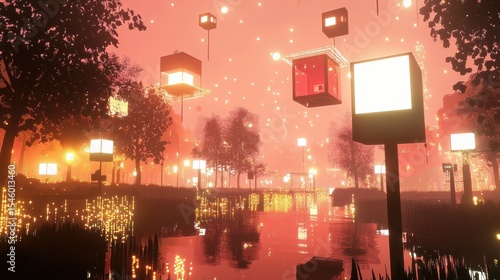 Enchanted Forest with Floating Lanterns and Serene Water Reflection