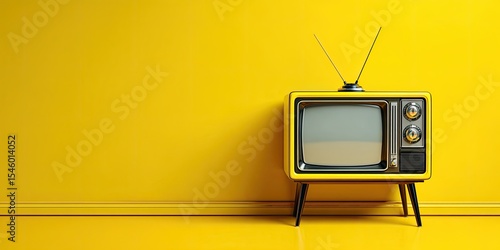 Retro yellow television set against a yellow wall, minimal aesthetic