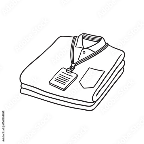 A neatly folded uniform on a bed beside an ID lanyard