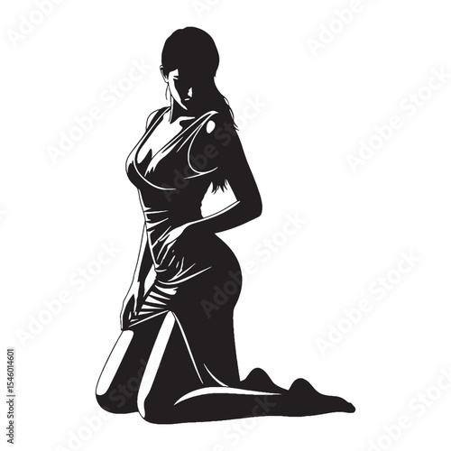 Attentive woman kneeling fully focused and acutely aware - woman kneeling silhouette - woman kneeling Vector - Silhouette of woman kneeling
