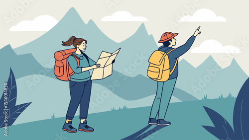 Two hikers exploring the mountains one looking at a map and the other pointing towards the distance view