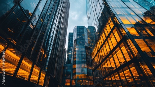 Urban Landscape at Twilight with Reflective Glass Buildings