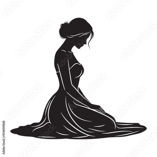 Calm woman kneeling with a peaceful expression, at ease - woman kneeling silhouette - woman kneeling Vector - Silhouette of woman kneeling

