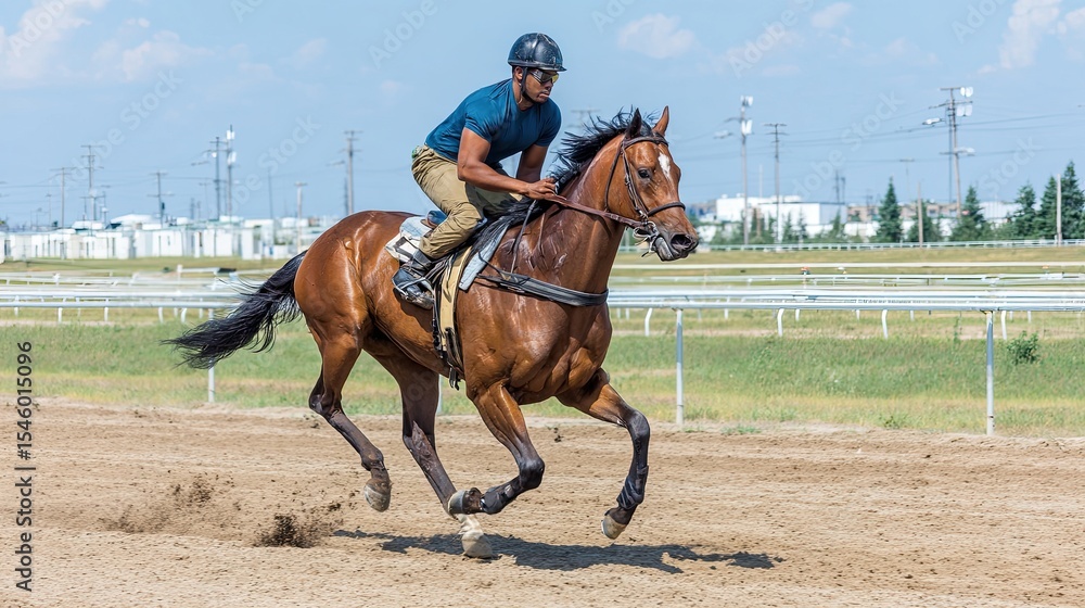 Jockey riding galloping brown horse on racetrack during training session on sunny day with blue sky Jockey riding galloping brown horse on racetrack during training session on sunny day with blue sky