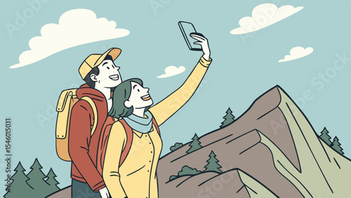 Couple taking a selfie on a mountain hike with backpacks and trees under a cloudy sky landscape view