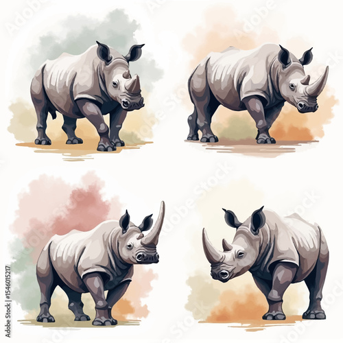 Four Majestic Rhinoceroses in Watercolor Style.
