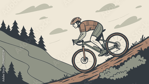 A cyclist riding a bicycle uphill on a dirt path with trees and clouds in the background in an illustration style