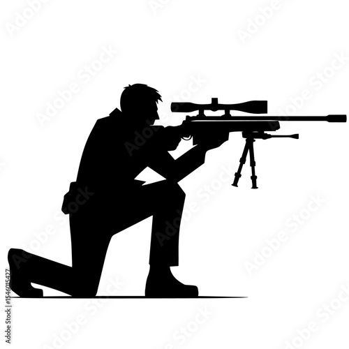 Black and white vector silhouette of a sniper on white background