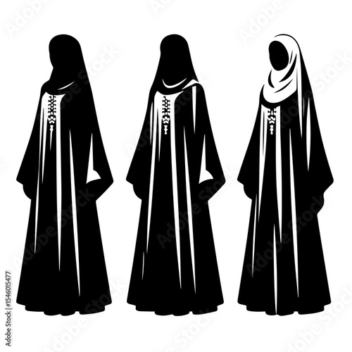 Black and white vector silhouette of a abaya on white background