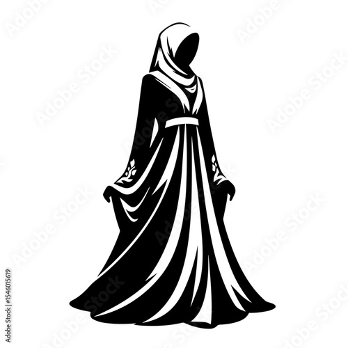 Black and white vector silhouette of a abaya on white background
