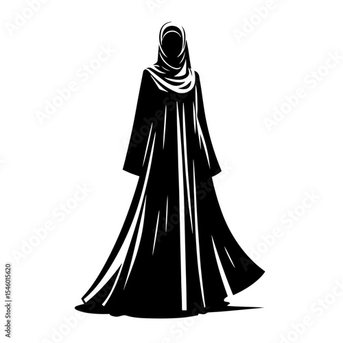 Black and white vector silhouette of a abaya on white background