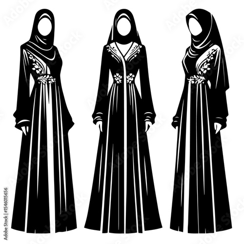 Black and white vector silhouette of a abaya on white background