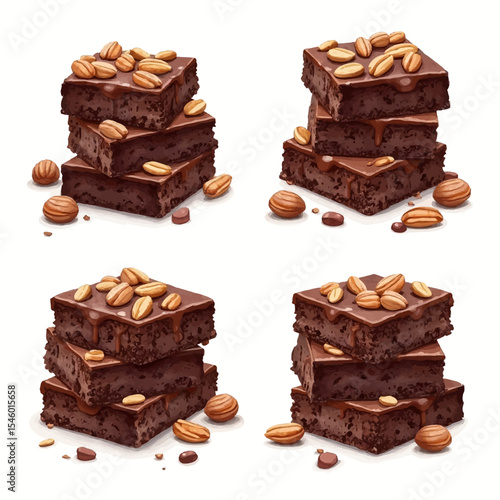 Delicious Stacks of Brownies Topped with Nuts and Chocolate Drizzle.