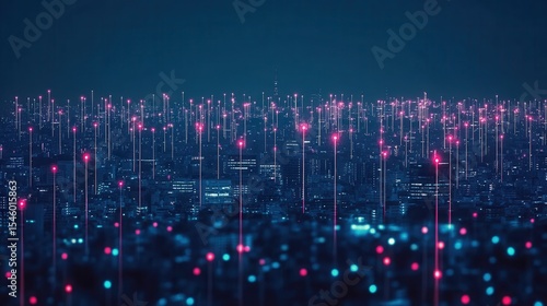 Futuristic Cityscape with Neon Lights and Digital Network Connections