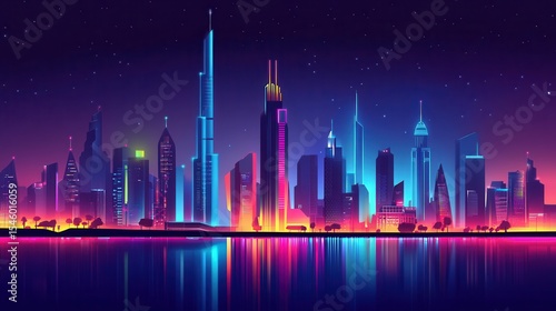 Vibrant Cityscape at Night with Neon Lights and Reflections