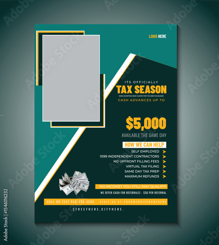 Modern and professional tax season flyer template, ideal for accountants, tax advisors, or agencies. Features service list, contact details, and clean design to attract clients during tax time.