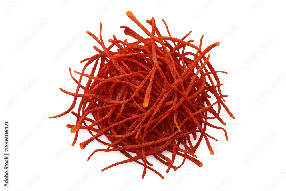 Fototapeta premium Close-up of saffron threads, a precious spice, arranged in a circular pile, isolated on a transparent background