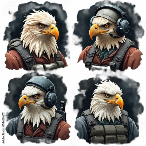 Four anthropomorphic eagles wearing tactical gear and headsets digital artwork.