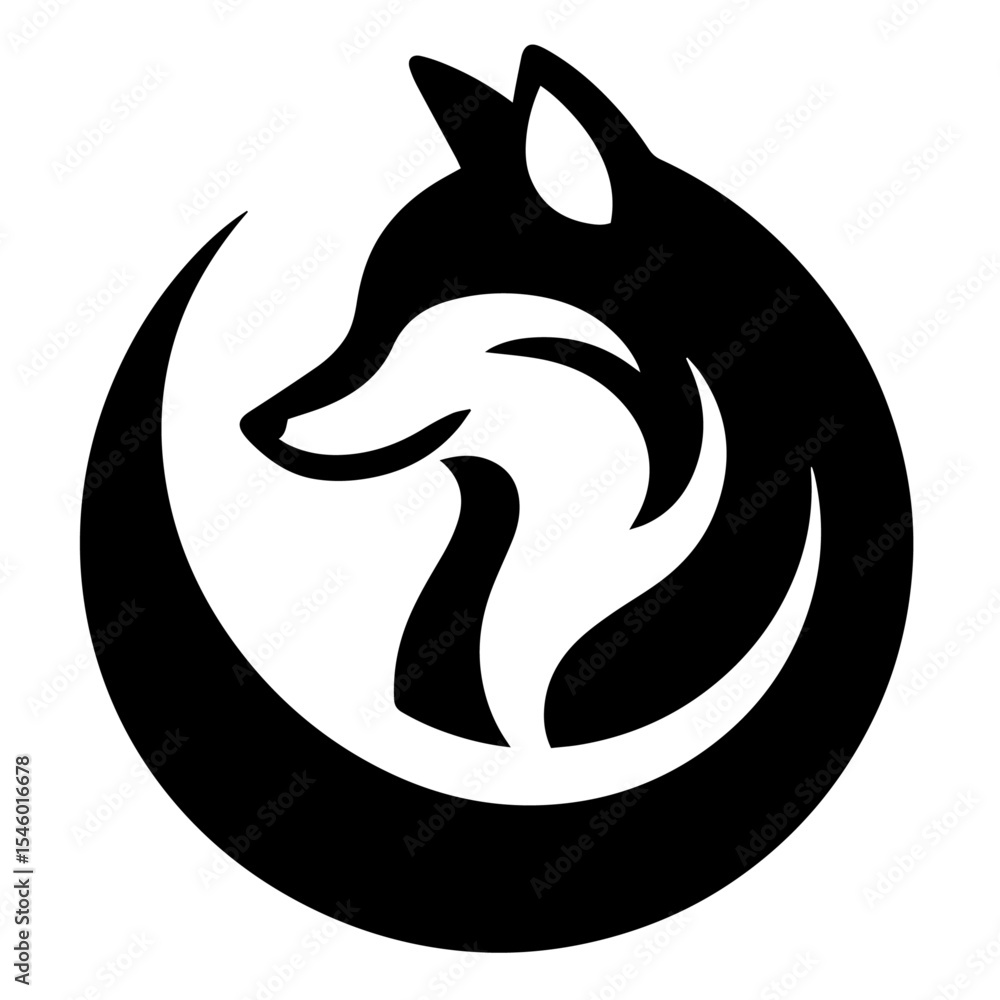 Fototapeta premium Black and white vector silhouette of a fox on white background