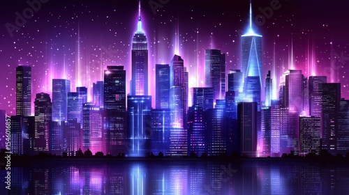 Vibrant City Skyline at Night with Colorful Lights and Reflections