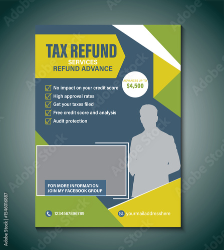Modern and professional tax refund services flyer template. Ideal for promoting financial consultancy, business tax returns, and refund solutions. Clean layout with bold highlights and contact details