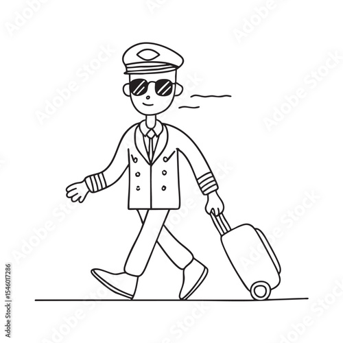 A walking pilot with luggage and sunglasses on