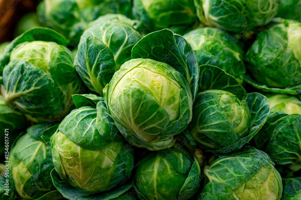 Fototapeta premium Vibrant green brussels sprouts are stacked closely, showcasing their freshness in a local farmers market. This abundant display is part of the autumn harvest season