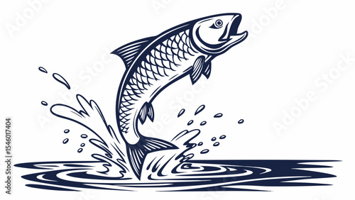 Illustration of a fish leaping out of the water with splashes and ripples in a monochrome design style