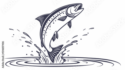 Illustration of a fish jumping out of water with splashes and ripples in a monochrome drawing style