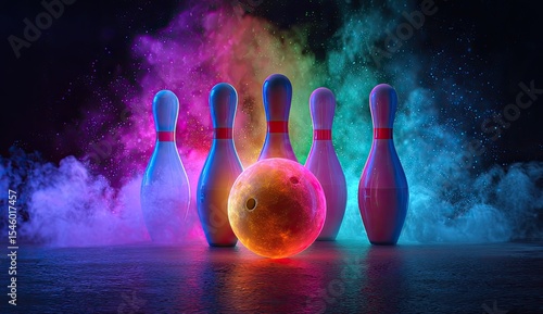 Wallpaper Mural Five bowling pins and a glowing ball amidst vibrant, colorful smoke on a dark, reflective surface Torontodigital.ca