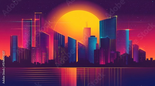 Vibrant Sunset Over a Futuristic City Skyline in Neon Colors