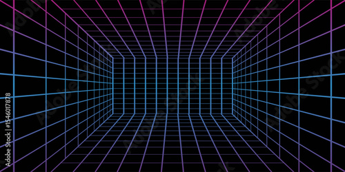 3D wireframe room colorful on dark background. Abstract perspective grid. Vector illustration.