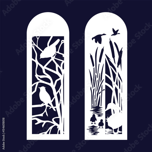 Bookmarks, vertical panels with a cut-out design. Birds on tree branches and a duck with ducklings in the reeds