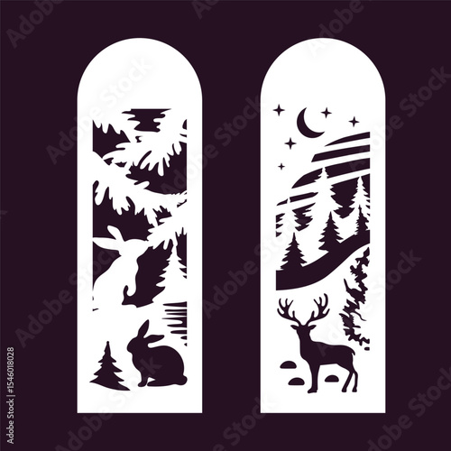 Bookmarks, vertical panels with carved hares and deer in the forest