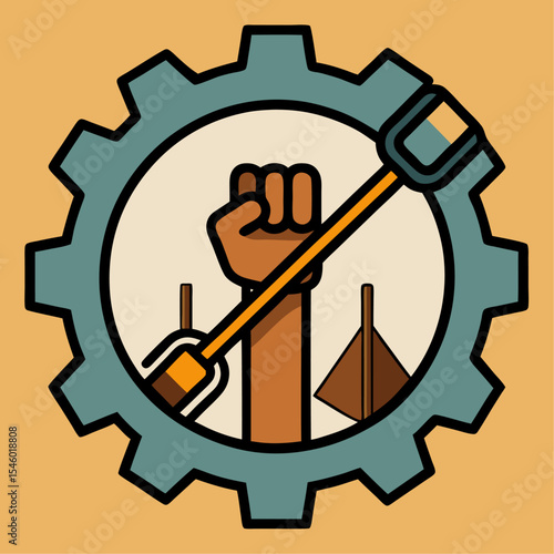 Minimalist icon chained hands with gear or shovel forced labor symbol