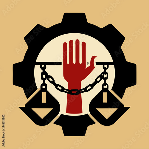 Minimalist icon chained hands with gear or shovel forced labor symbol