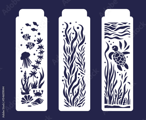 Bookmarks, vertical panels with cut-out algae, sea creatures and a turtle