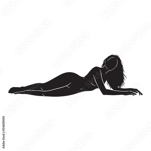 Reposing woman lying down in a state of quiet rest - woman lying down silhouette - woman lying down Vector - Silhouette of woman lying down

