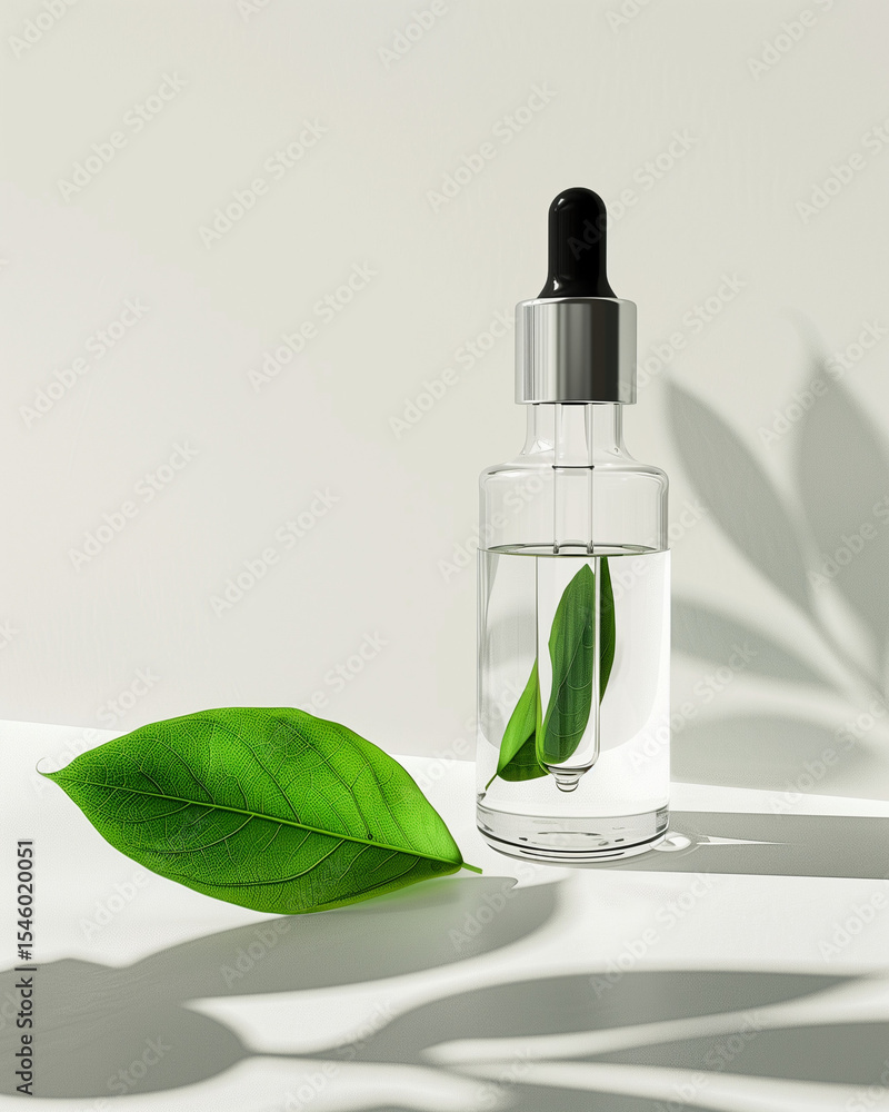 Minimal dropper bottle with clear liquid and green leaf on clean background. Great for cosmetic, skincare, or organic product branding. Minimal dropper bottle with clear liquid and green leaf on clean background. Great for cosmetic, skincare, or organic product branding.