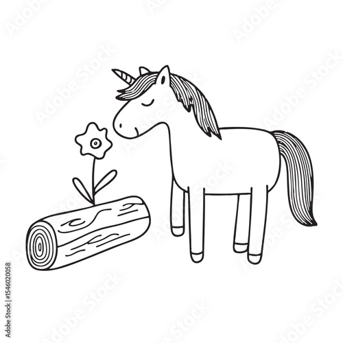 A unicorn smelling a blossom beside a downed tree trunk