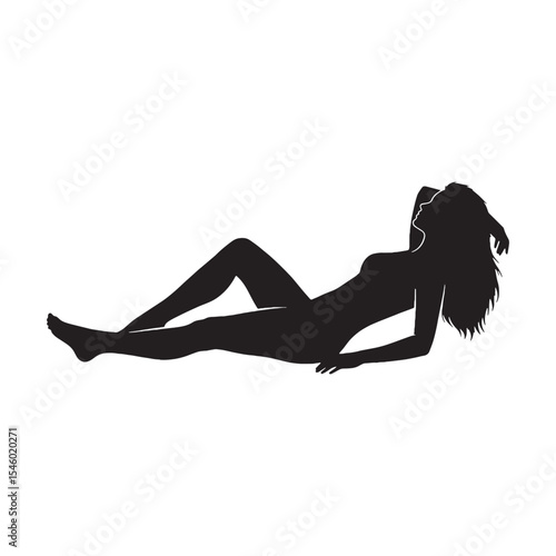 Calm woman lying down in a tranquil state, completely at ease - woman lying down silhouette - woman lying down Vector - Silhouette of woman lying down
